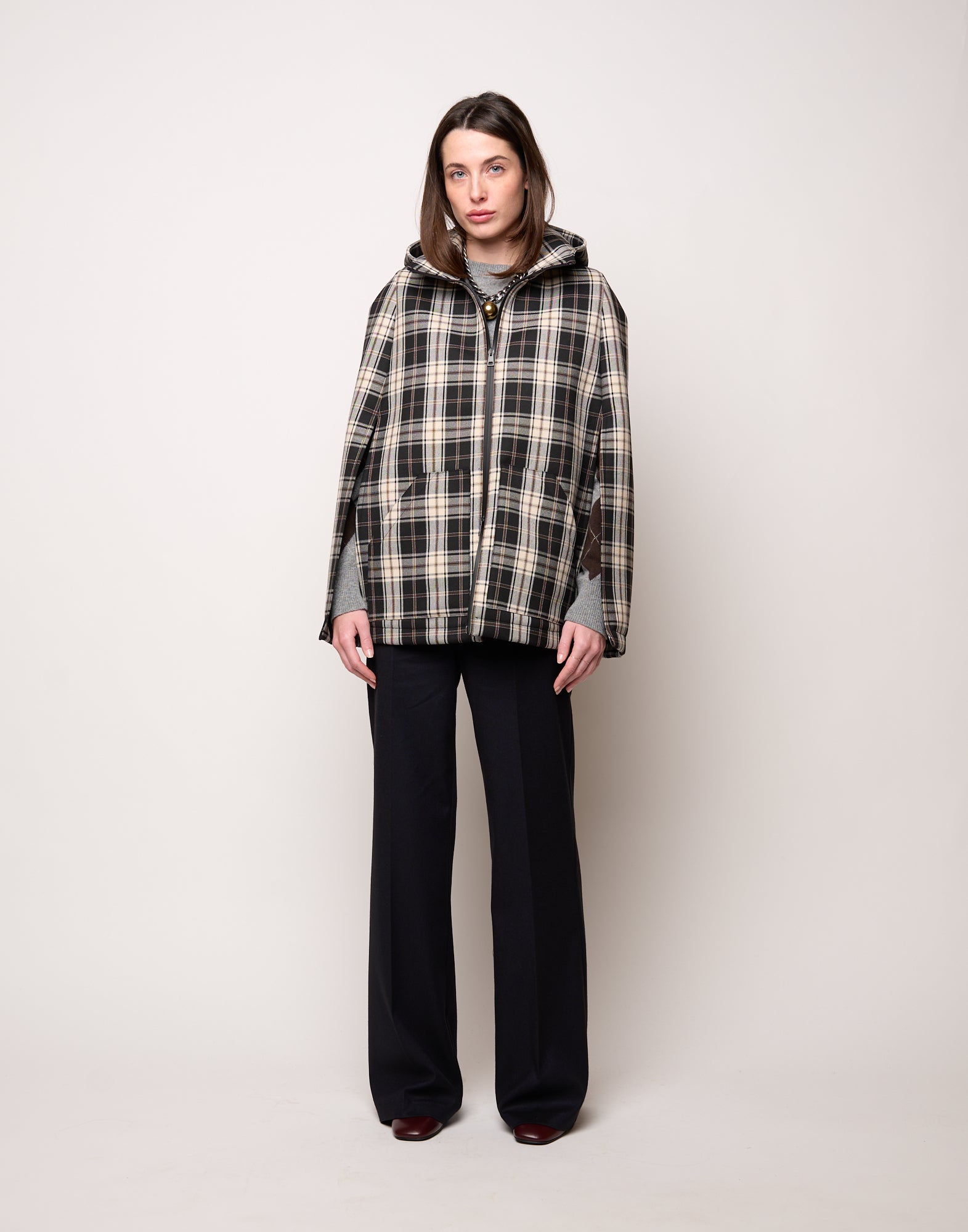 DOUUOD Mini Cappa con Cappuccio e Zip Spalmata in Neoprene Tartan