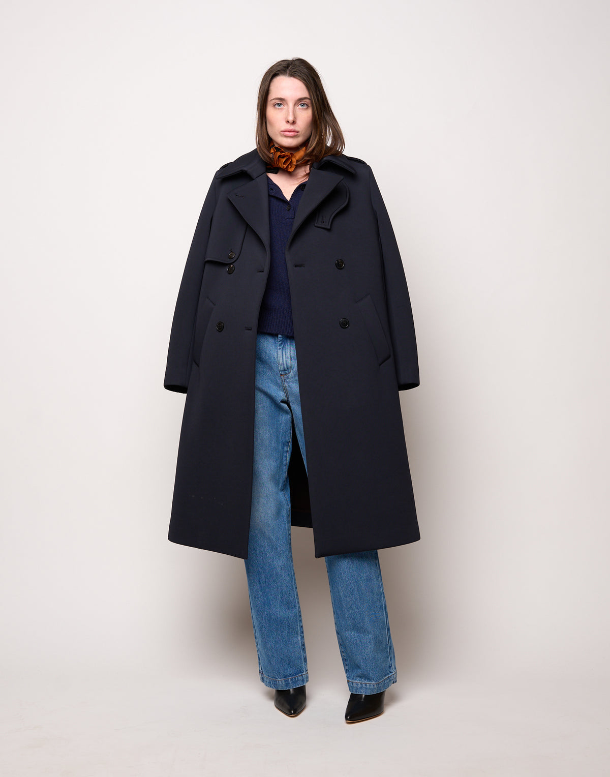 DOUUOD Trench Doppiopetto in Tecno Neoprene con Collo a Rever