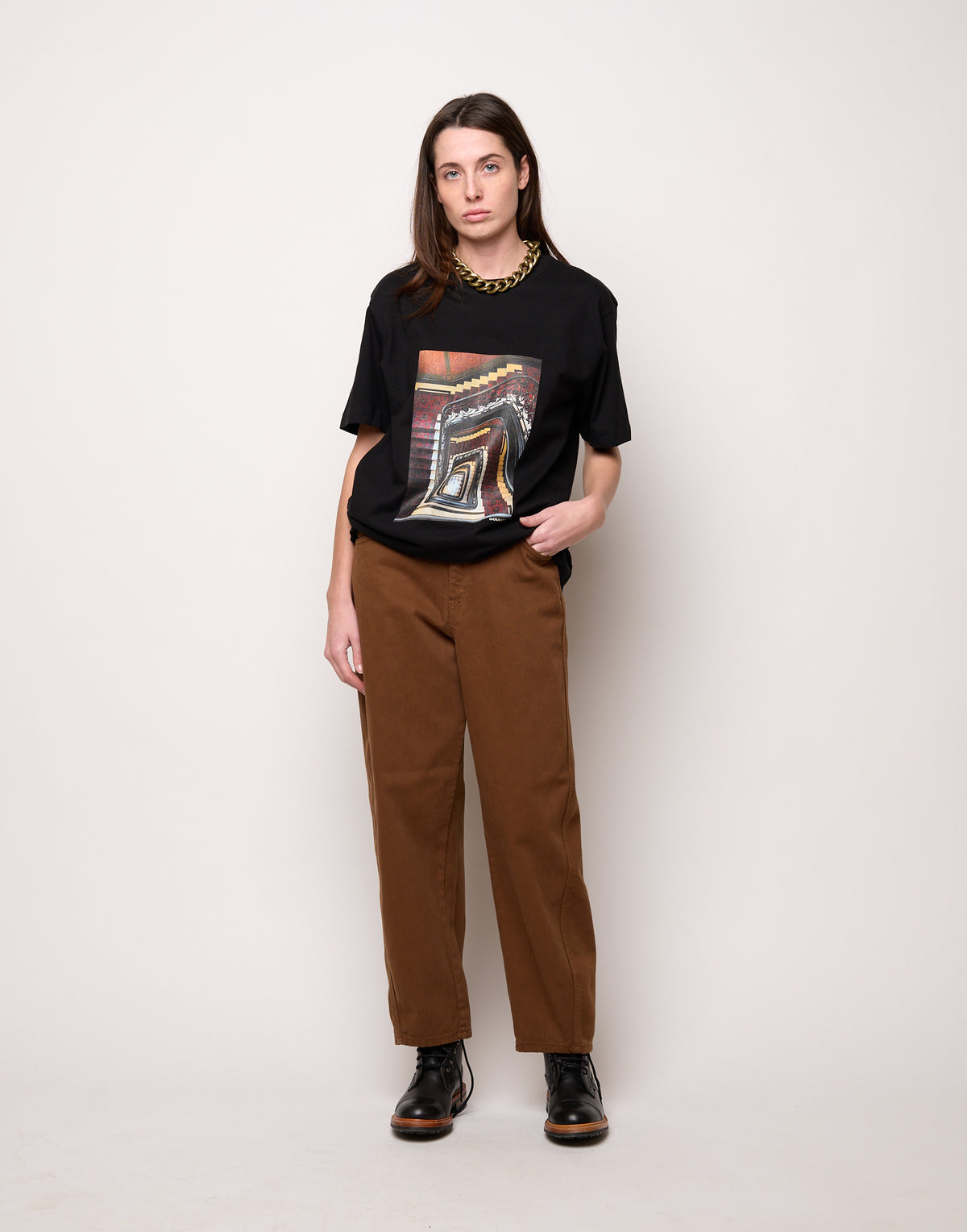DOUUOD Pantalone Baggy in Drill di Cotone Caramello