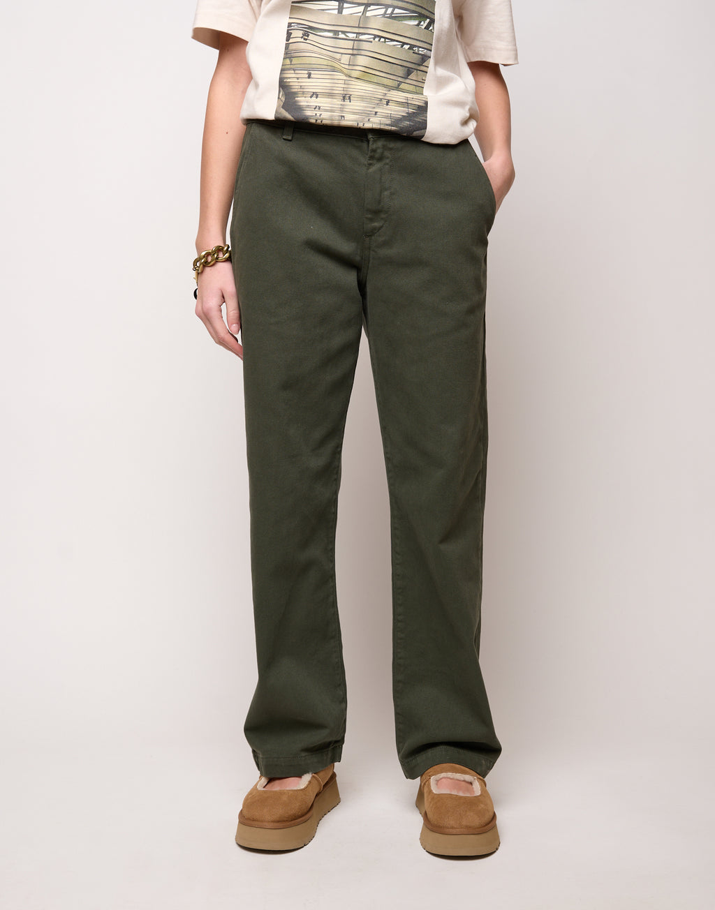 DOUUOD Pantalone Dritto in Drill di Cotone Oliva