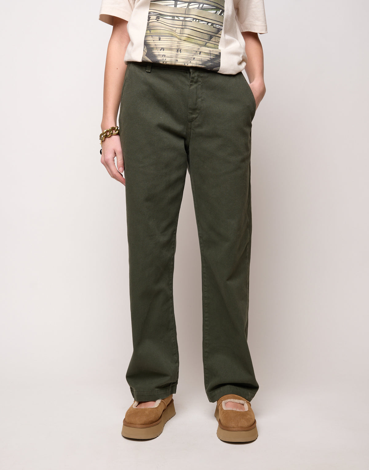 DOUUOD Pantalone Dritto in Drill di Cotone Oliva