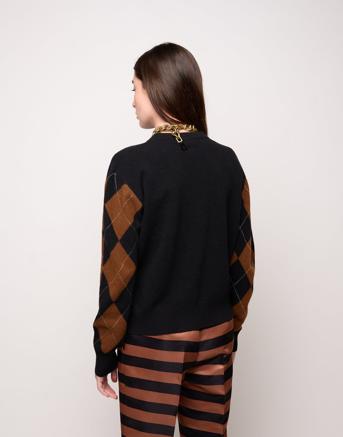 DOUUOD Maglia Girocollo con Intarsio Argyle Nero/Castagna