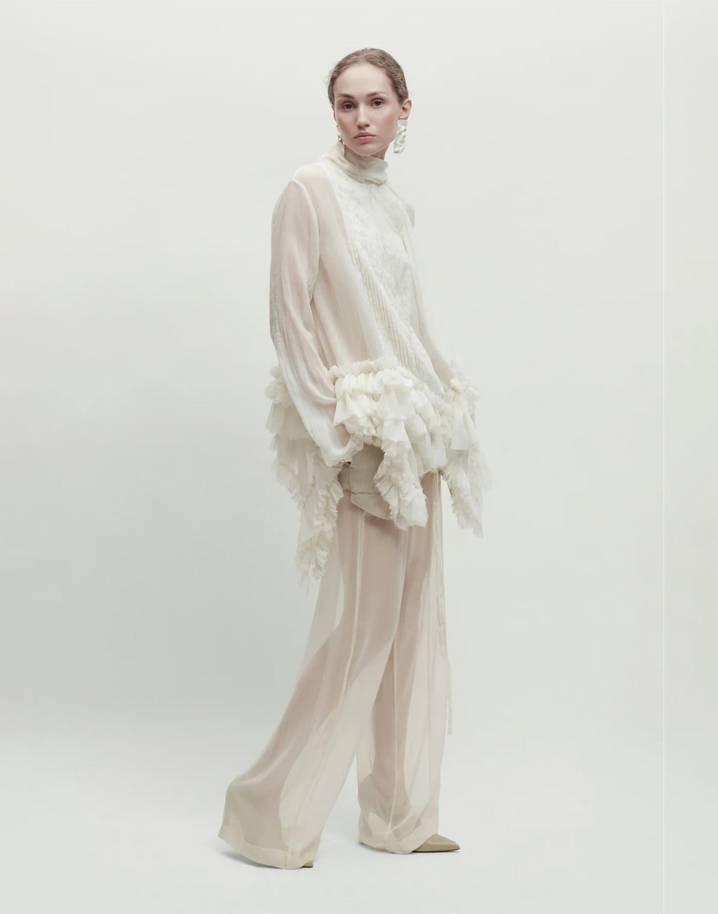 ERIKA CAVALLINI Blusa in Chiffon Stropicciato con Rouches Latte