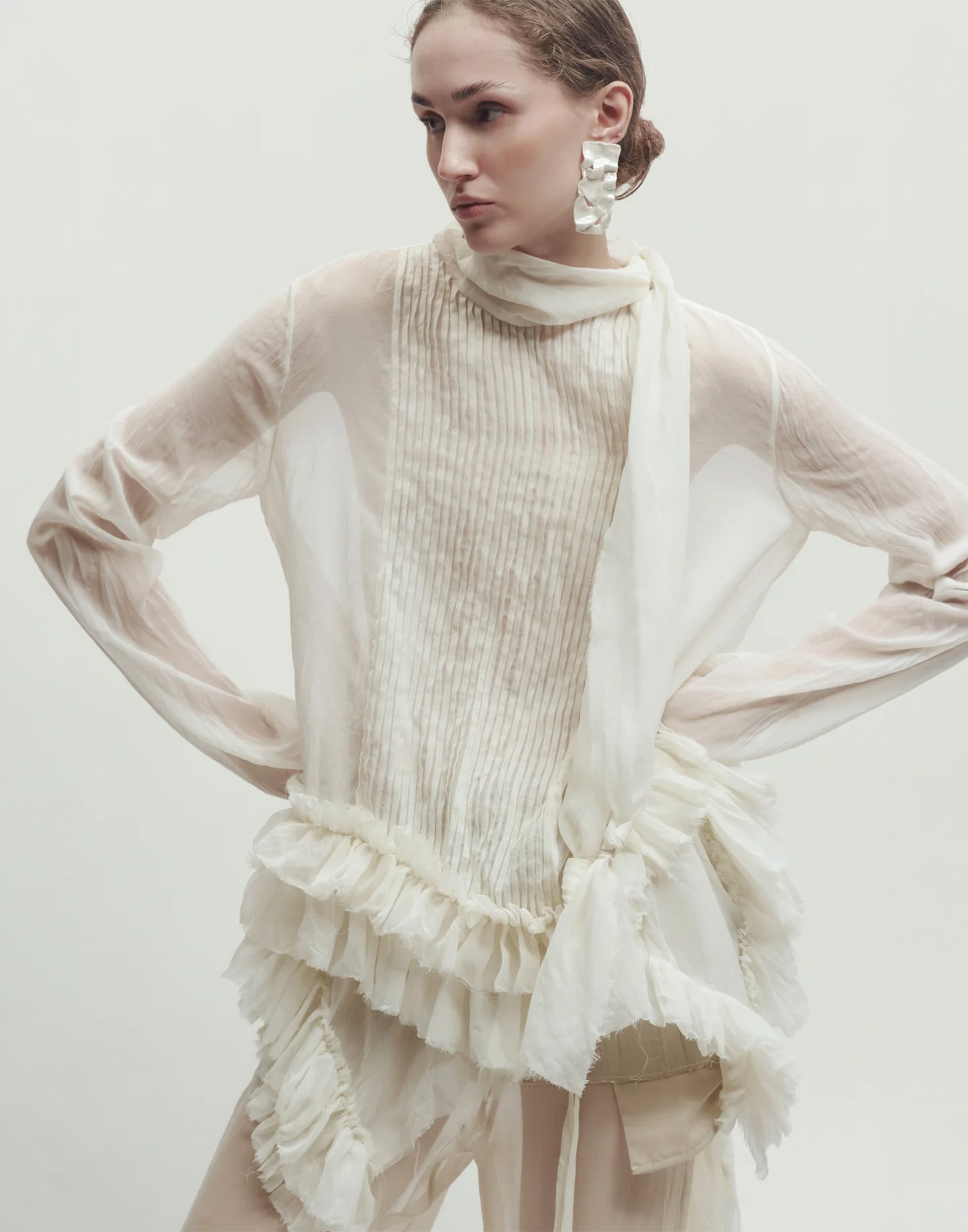 ERIKA CAVALLINI Blusa in Chiffon Stropicciato con Rouches Latte
