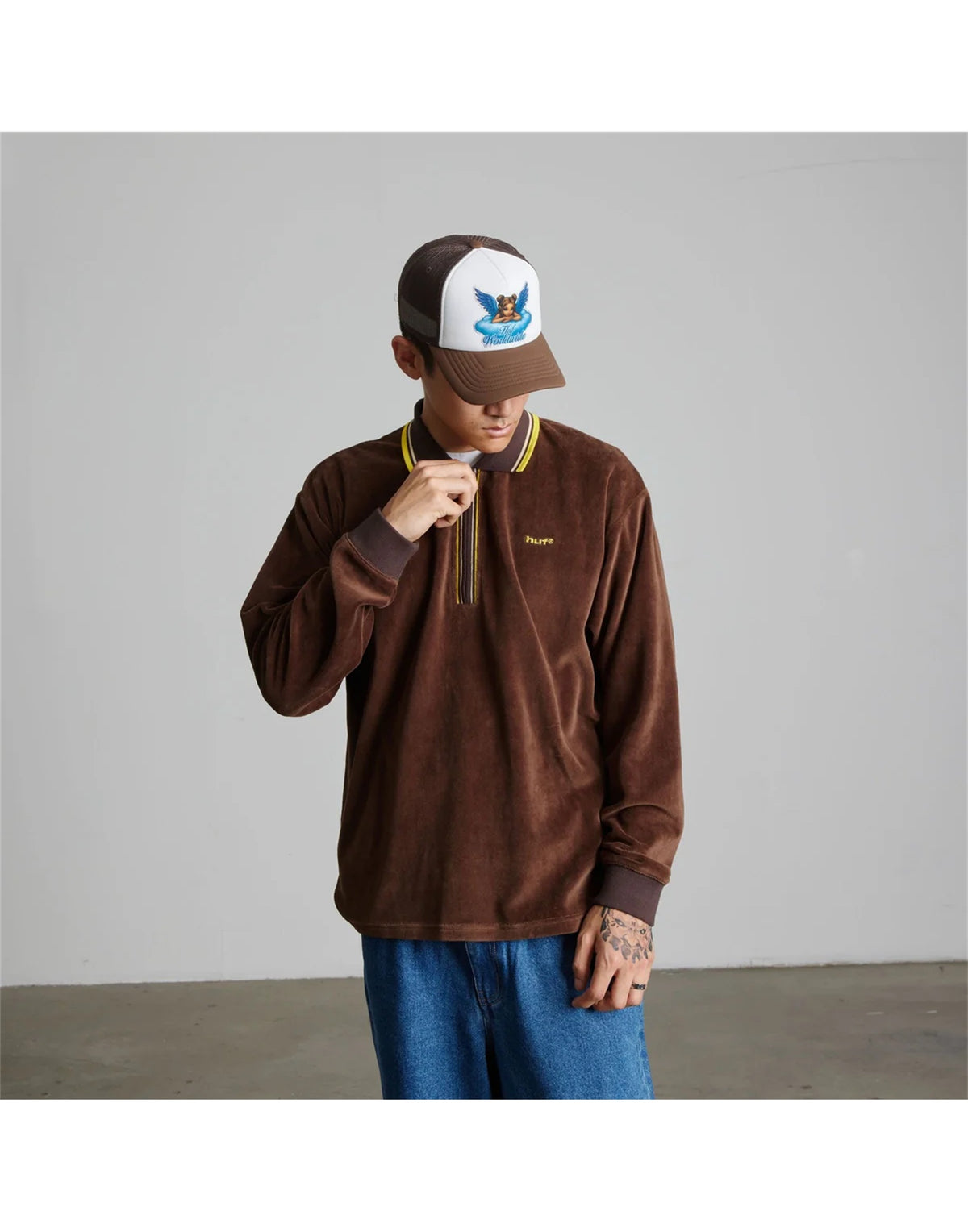 HUF Polo Parker in Velour a Maniche Lunghe Marrone