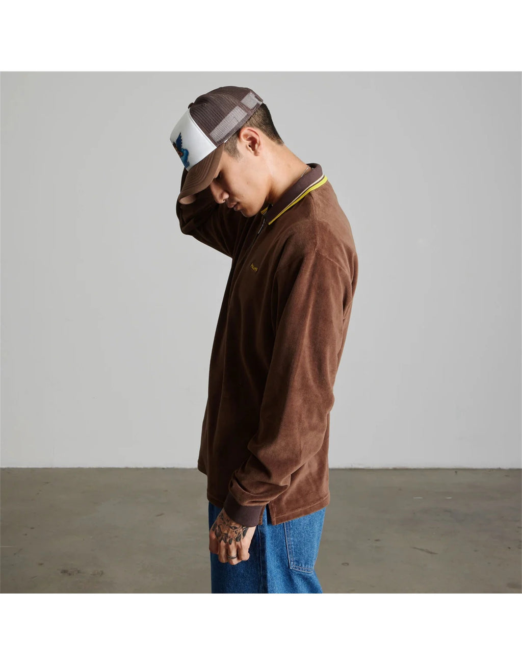 HUF Polo Parker in Velour a Maniche Lunghe Marrone