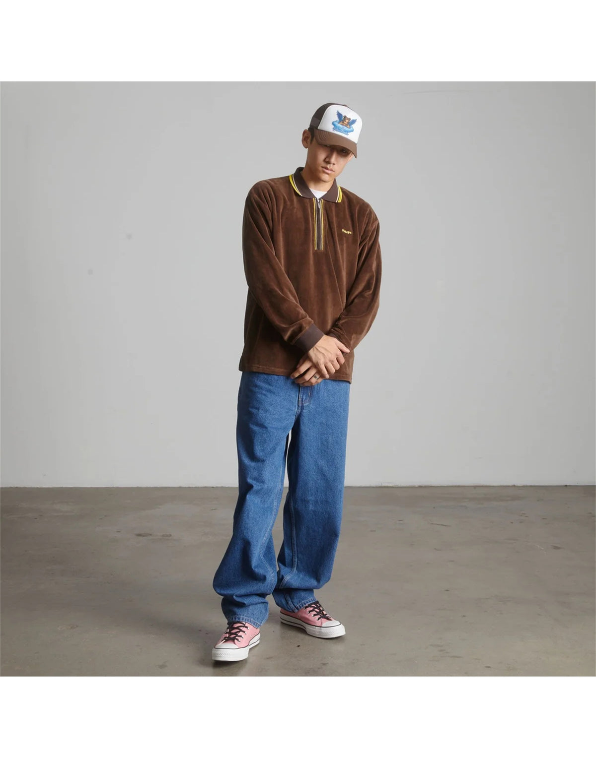 HUF Polo Parker in Velour a Maniche Lunghe Marrone