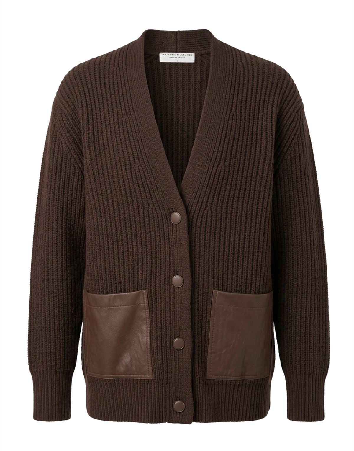 MAJESTIC FILATURES Cardigan in Lana Merino con Tasche in Eco Pelle Chocolate