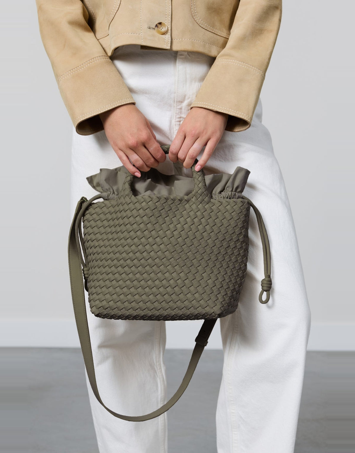 MARREA Borsa a Mano Midi in Neoprene Intrecciato Dark Oliva