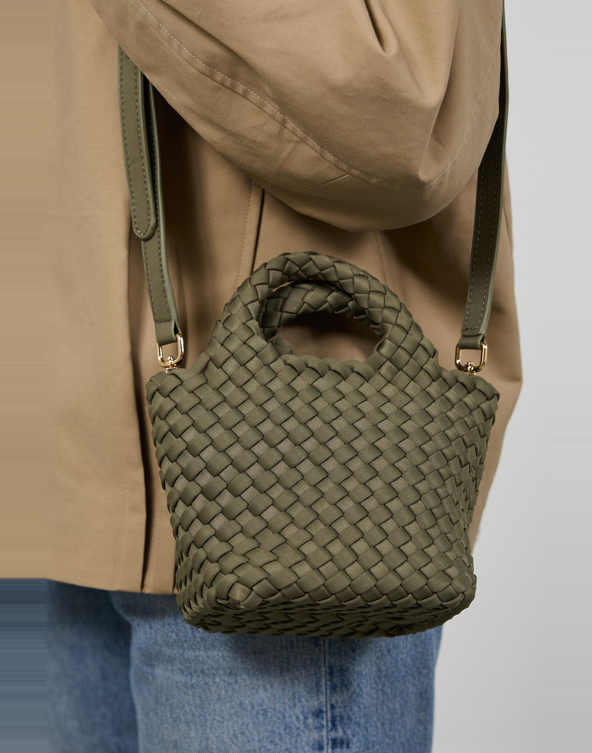 MARREA Borsa a Mano Mini in Neoprene Intrecciato Dark Oliva