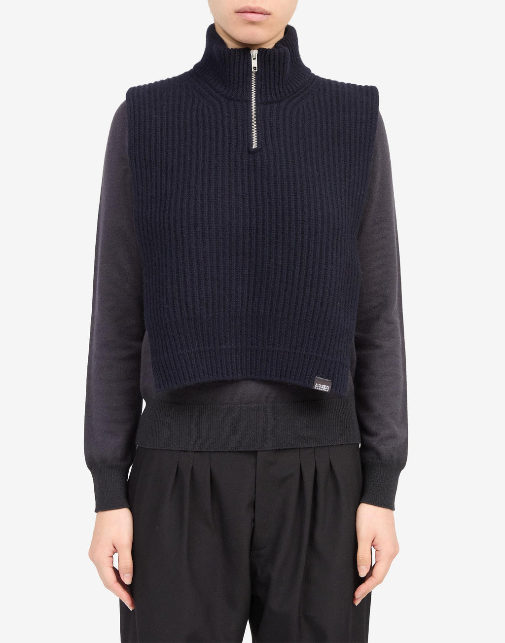 MM6 MAISON MARGIELA Gilet in Lana a Coste con Collo Zip Navy