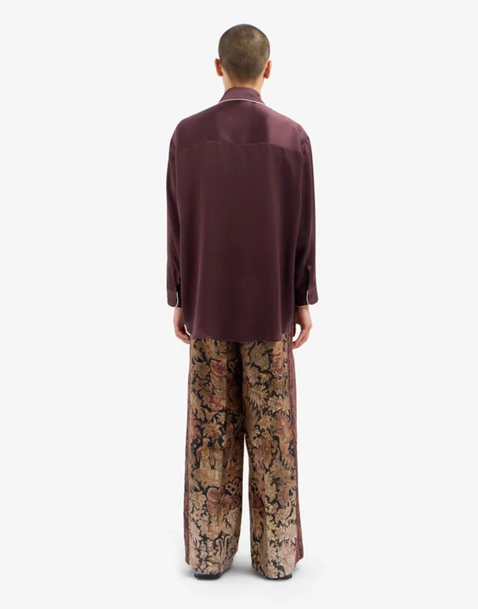 PIERRE-LOUIS MASCIA Camicia in Seta Bordeaux con Piping Bianco