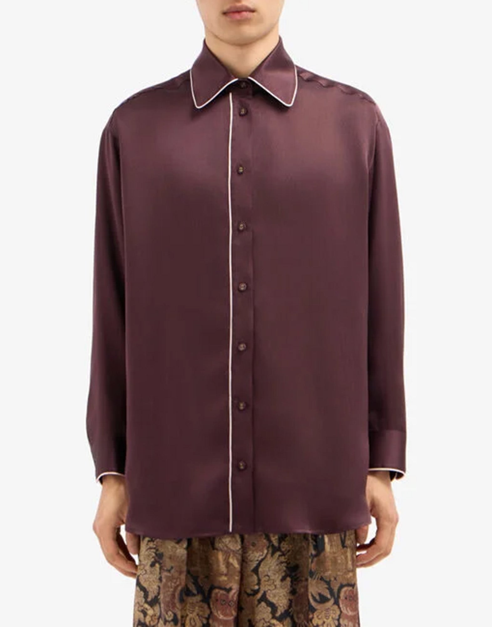 PIERRE-LOUIS MASCIA Camicia in Seta Bordeaux con Piping Bianco
