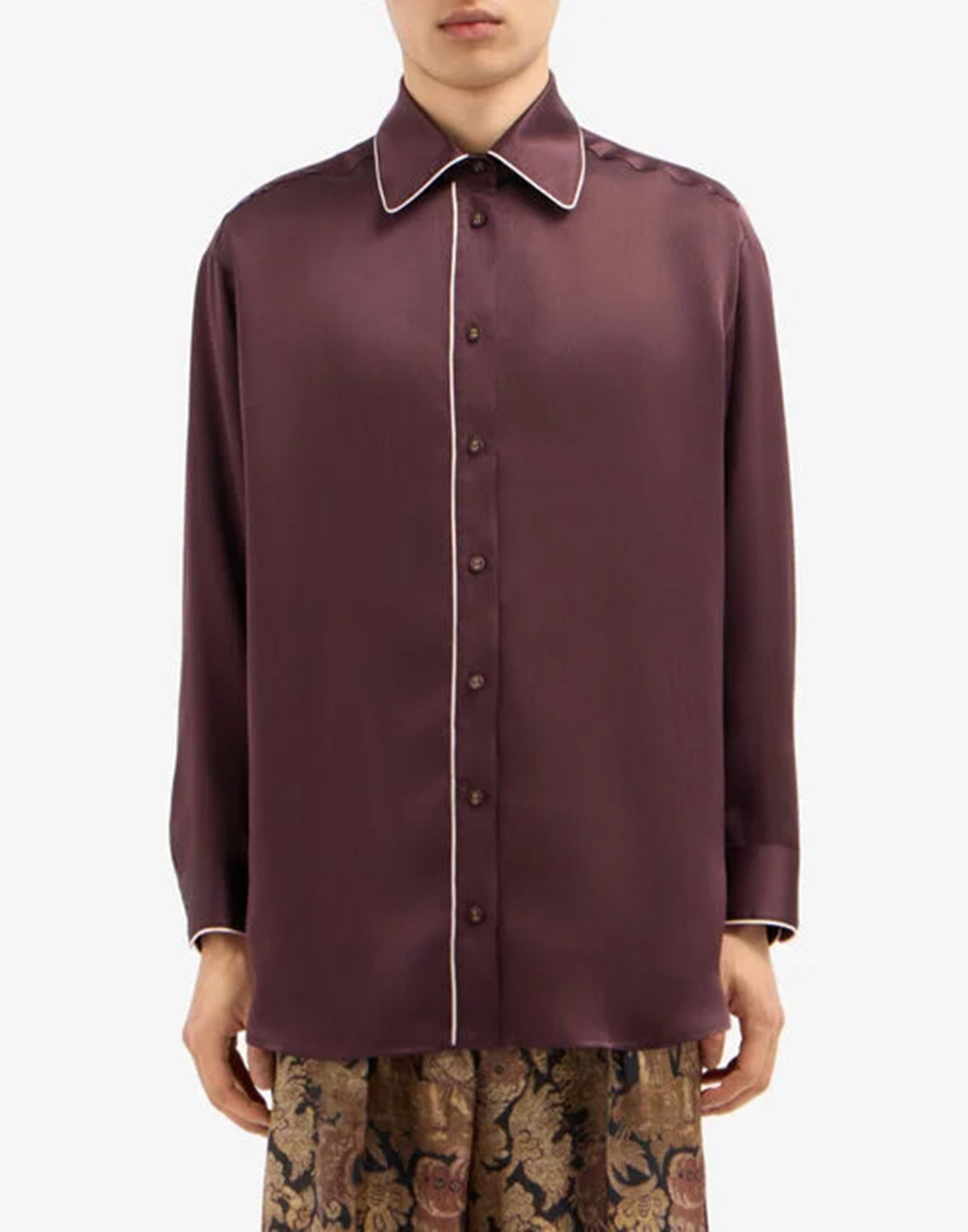 PIERRE-LOUIS MASCIA Camicia in Seta Bordeaux con Piping Bianco