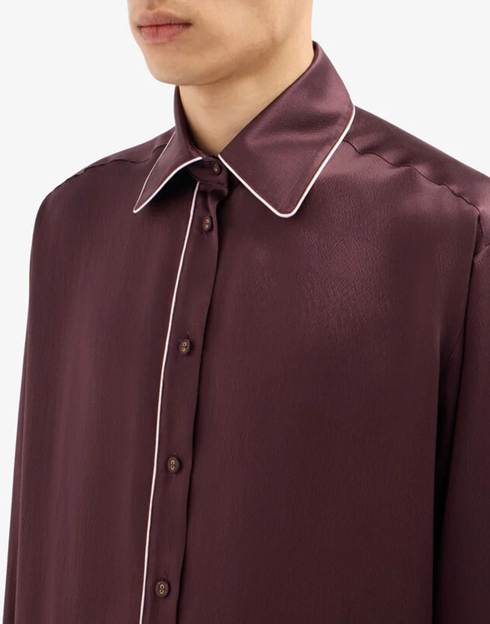 PIERRE-LOUIS MASCIA Camicia in Seta Bordeaux con Piping Bianco