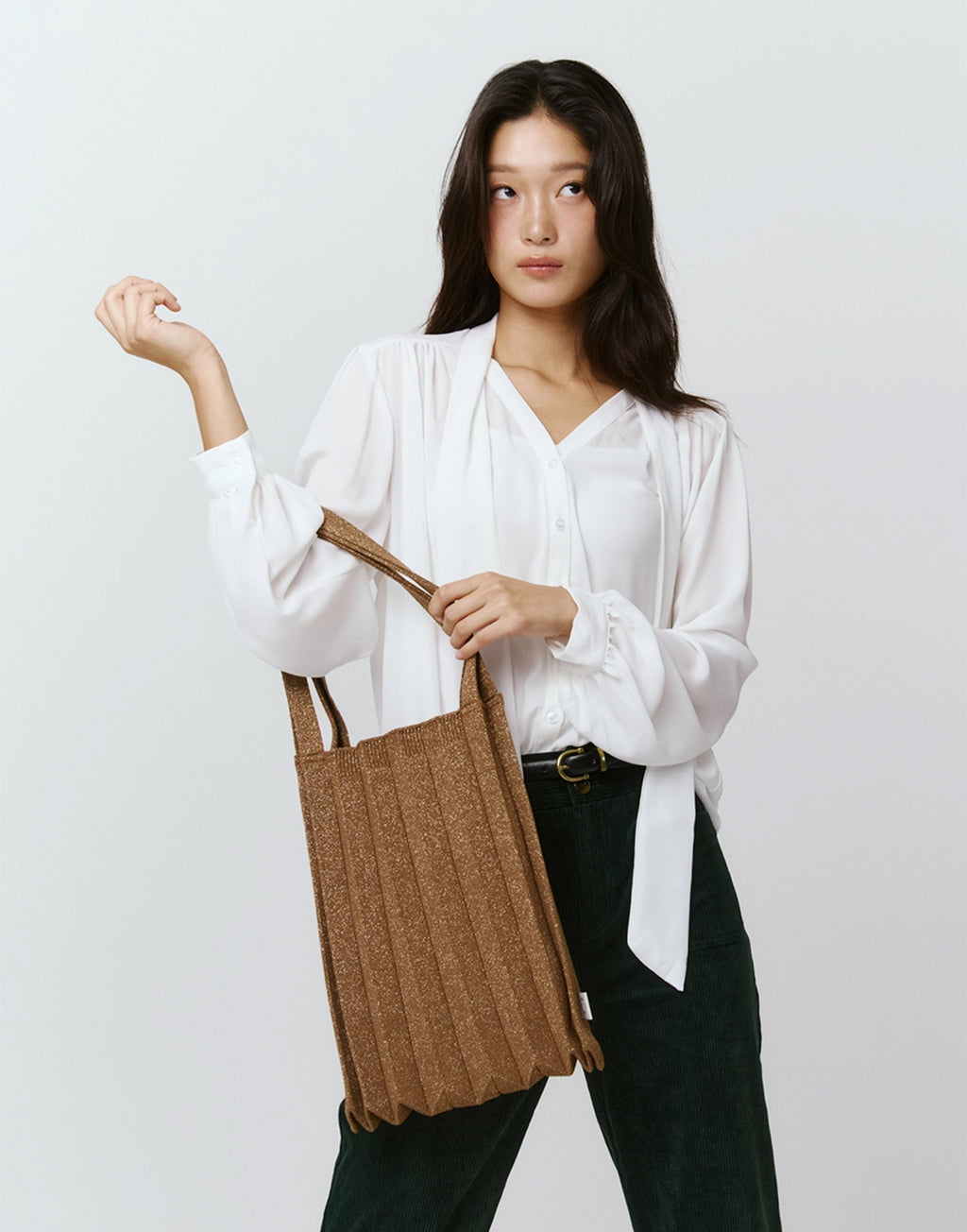 PLEATSMAMA Borsa New Shoulder Bag Plissè Glitter Camel