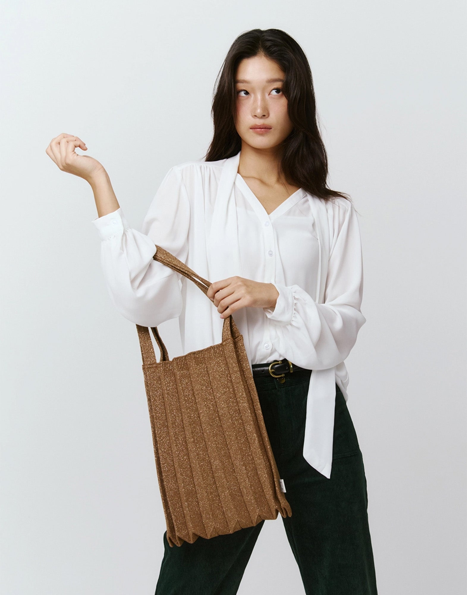 PLEATSMAMA Borsa New Shoulder Bag Plissè Glitter Camel