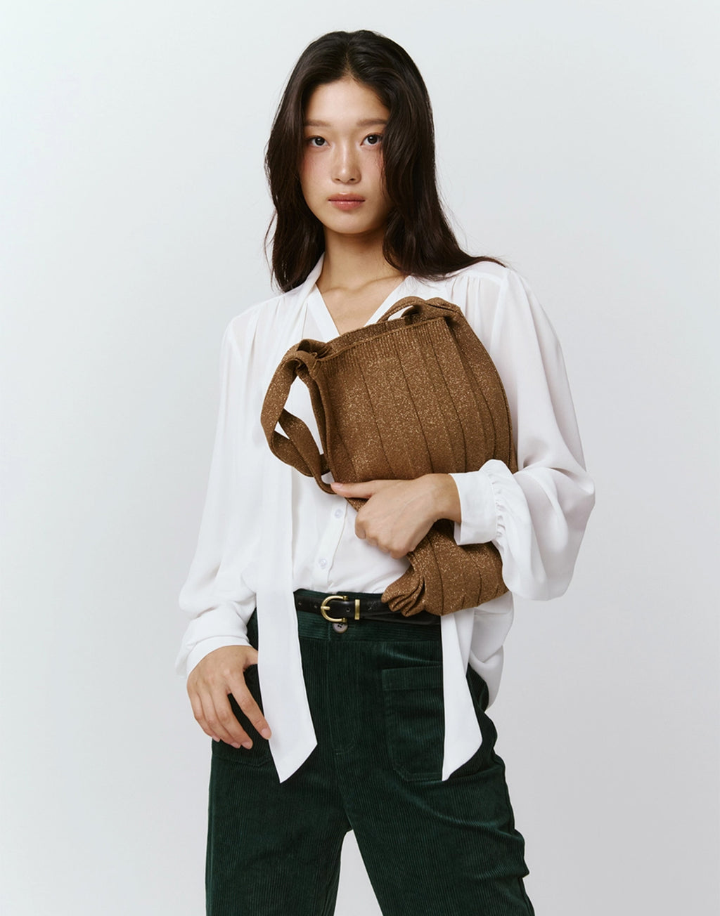 PLEATSMAMA Borsa New Shoulder Bag Plissè Glitter Camel