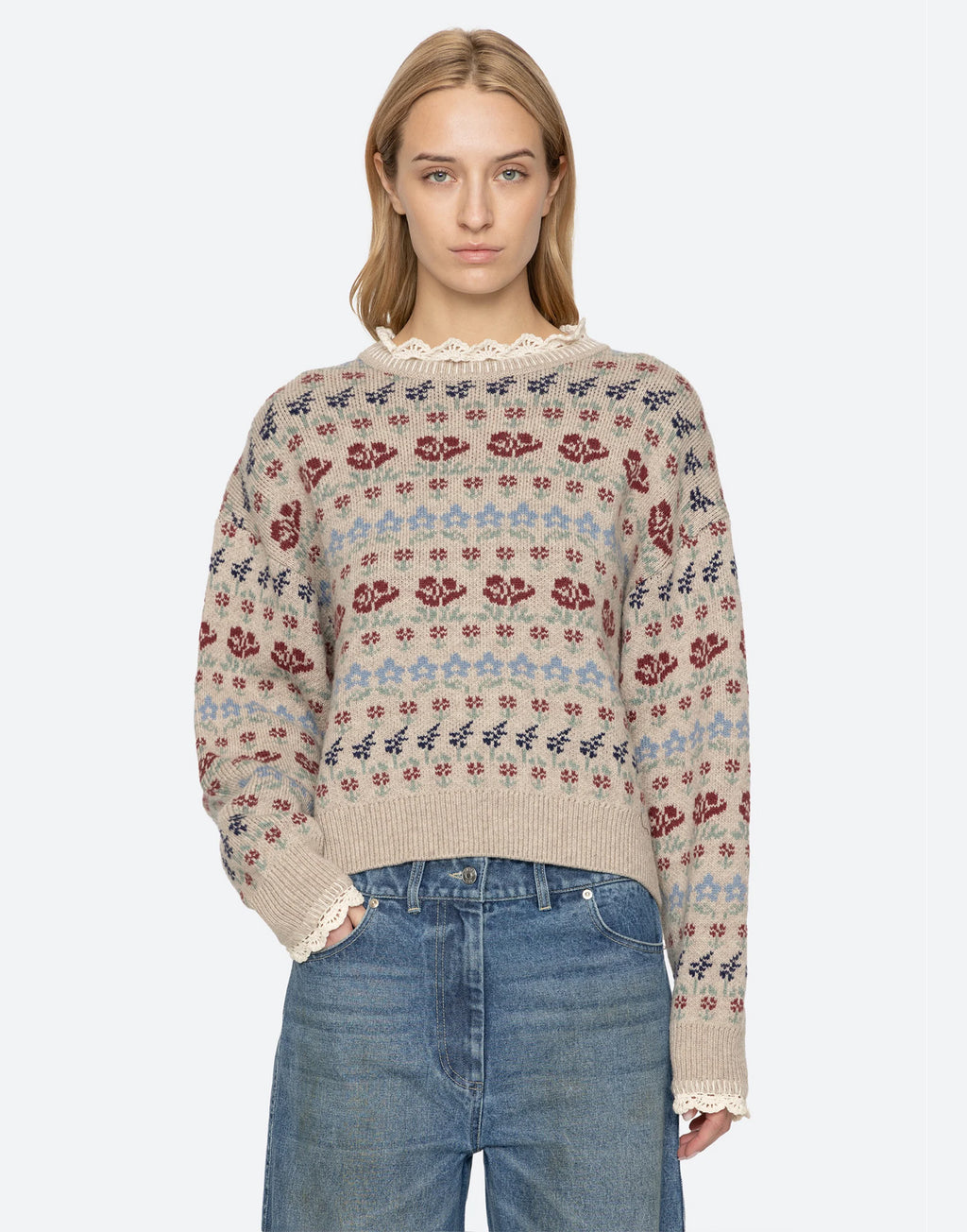 SEA NY Maglione in Lana Merino con Motivo Floreale