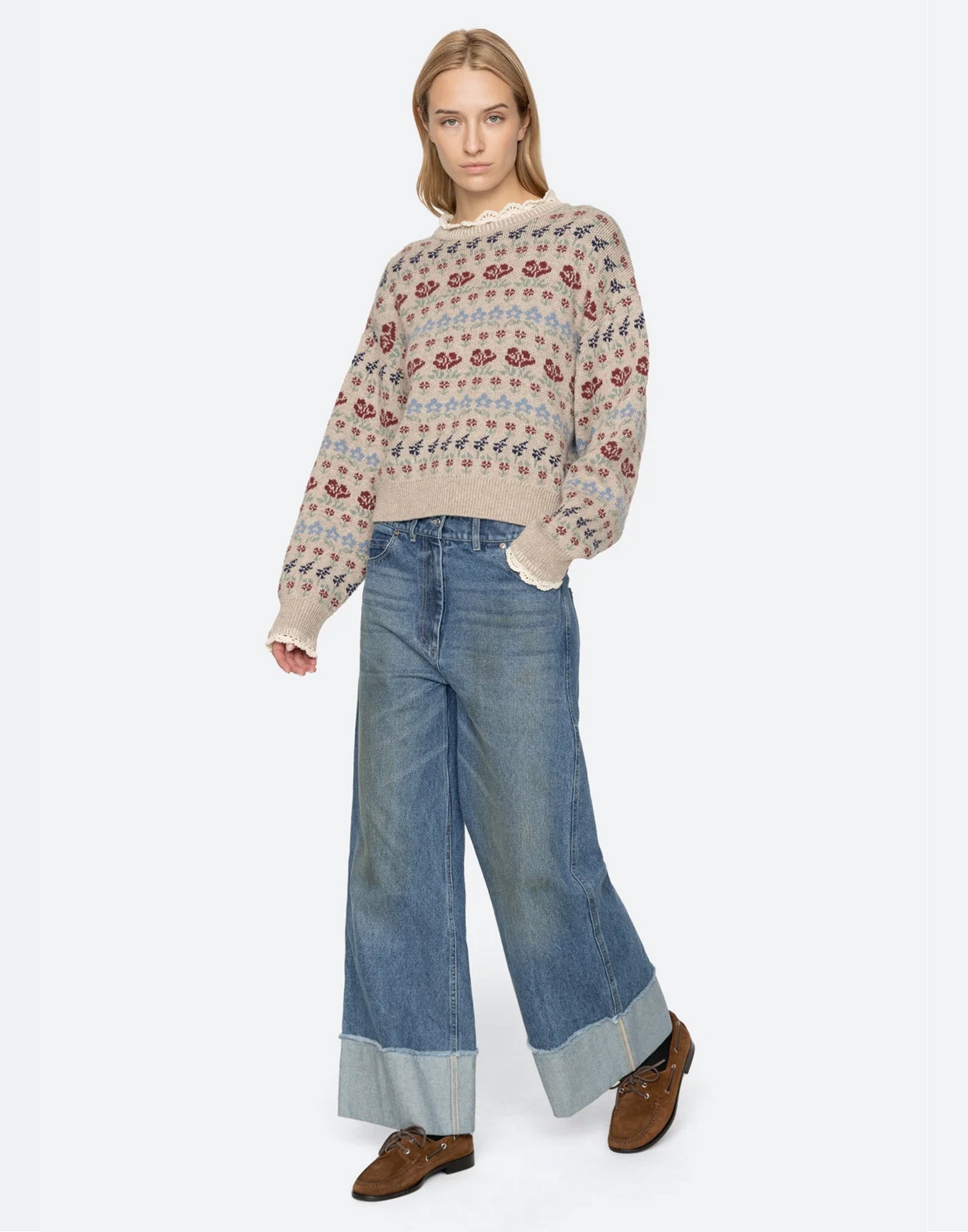 SEA NY Maglione in Lana Merino con Motivo Floreale