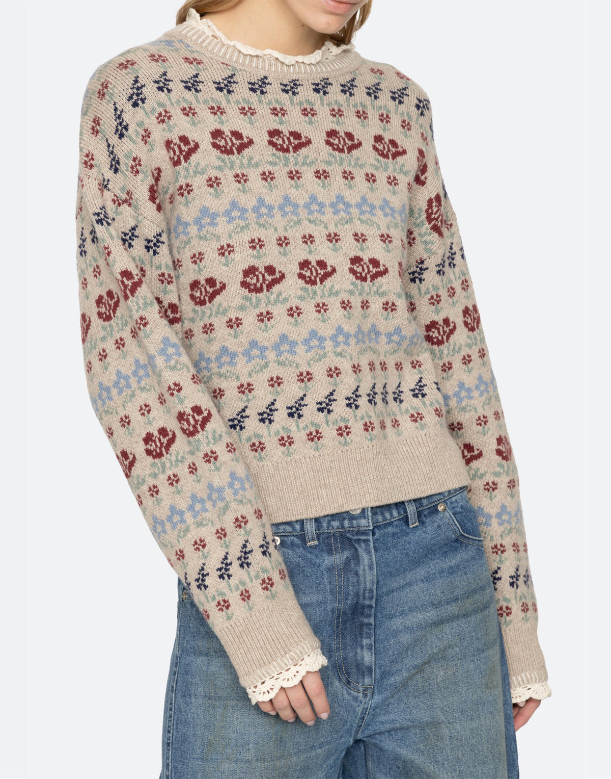 SEA NY Maglione in Lana Merino con Motivo Floreale