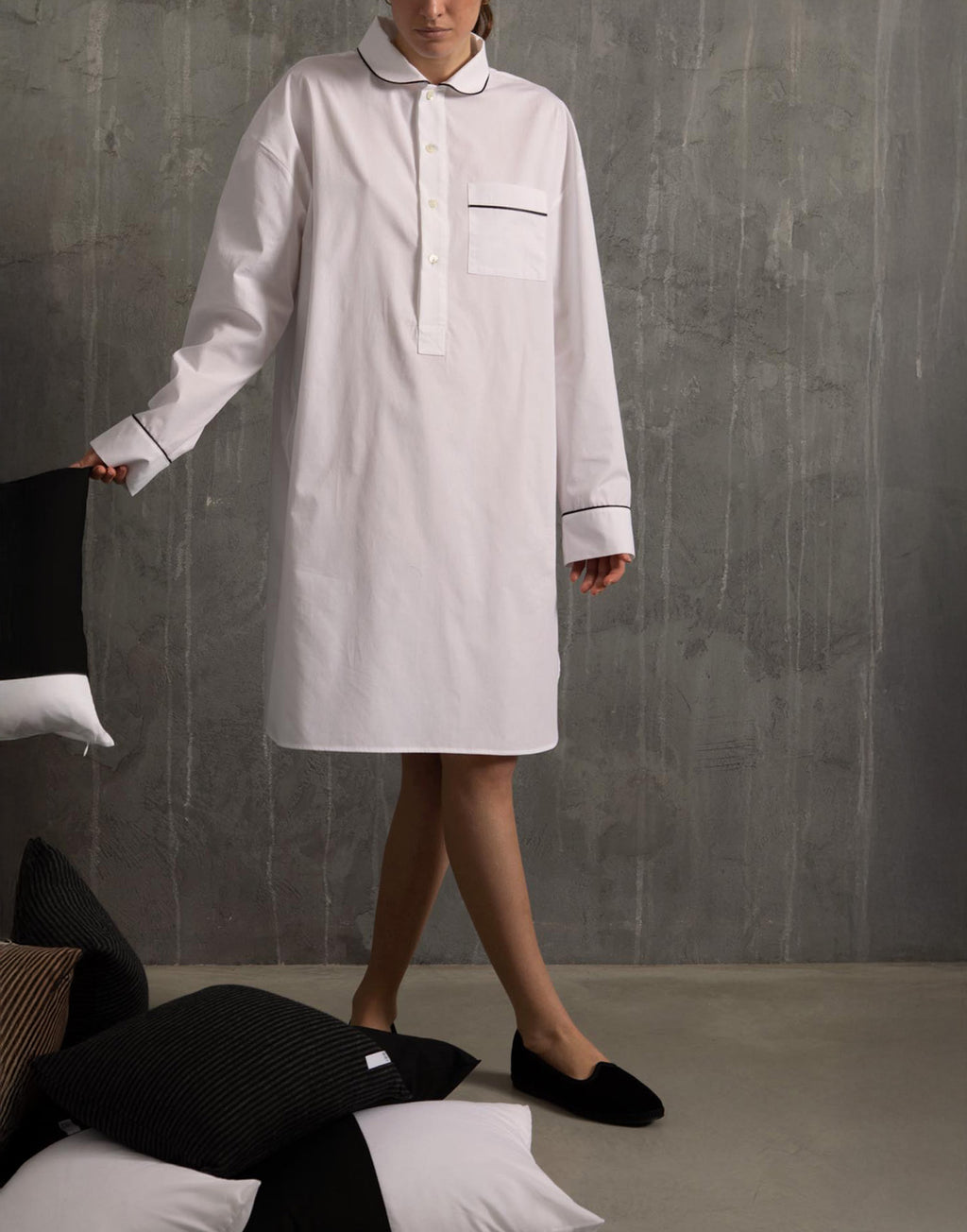 DOUUOD Abito Camicia in Popeline con Piping a Contrasto