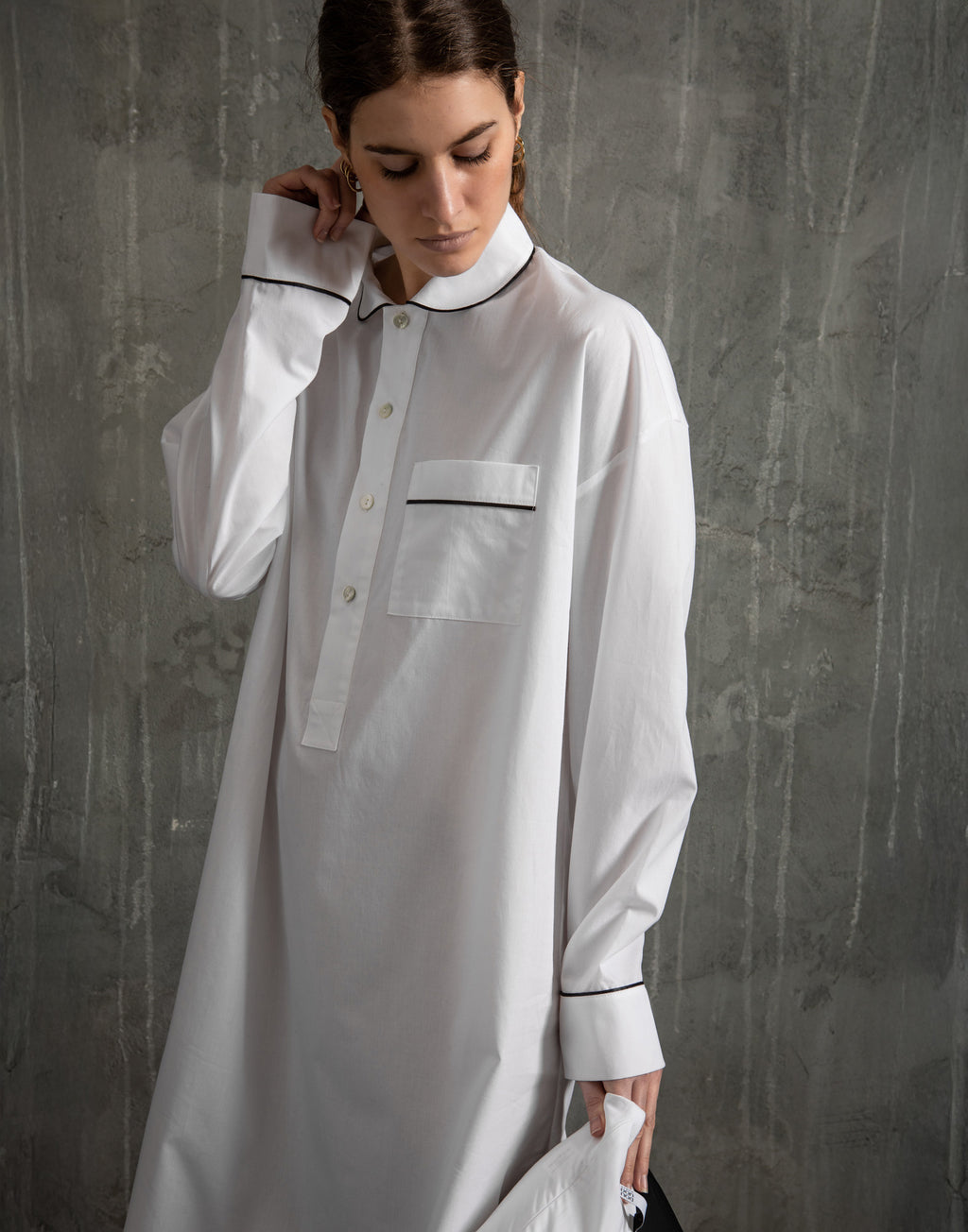 DOUUOD Abito Camicia in Popeline con Piping a Contrasto
