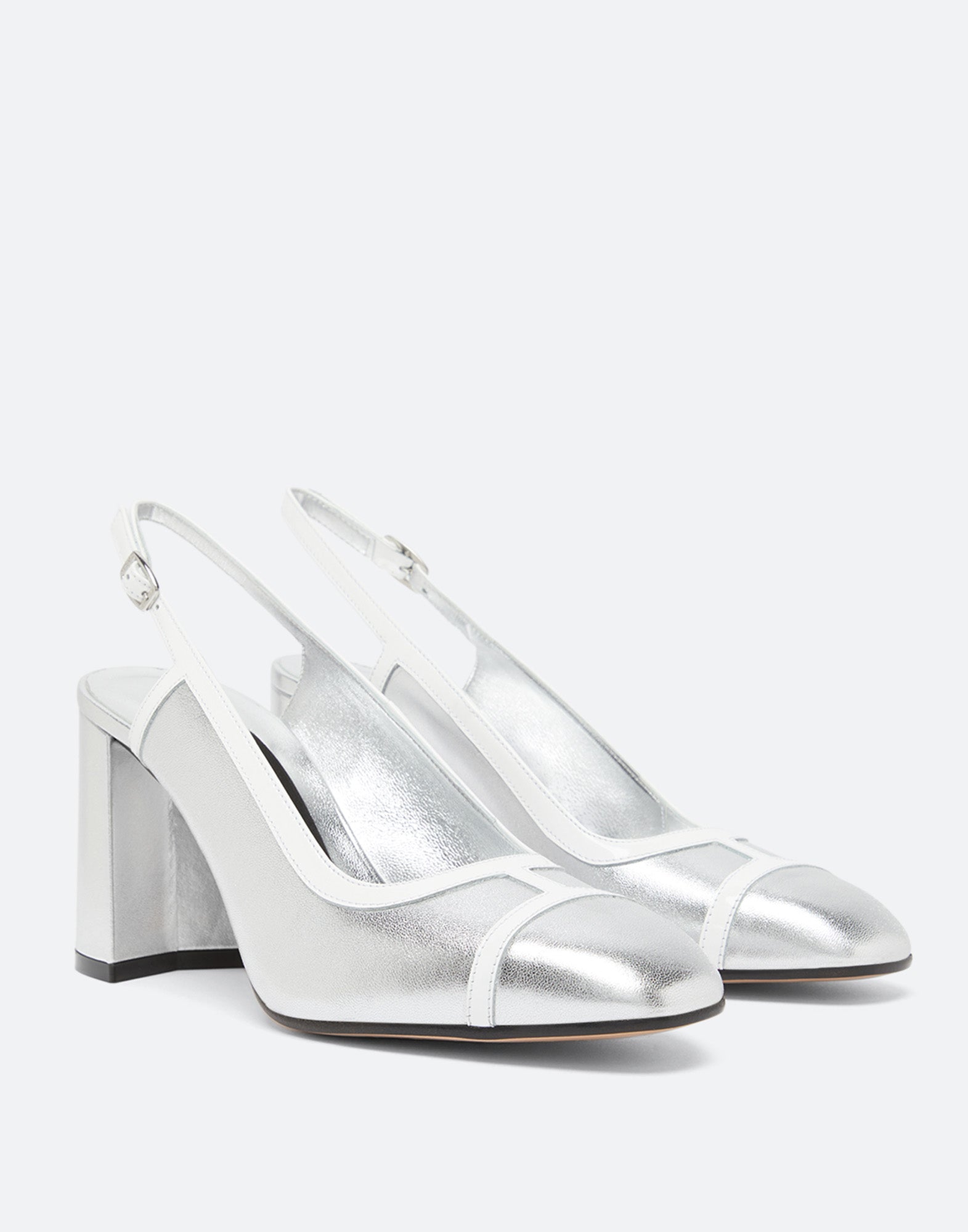 CAREL Slingback Alizee in Pelle Laminata Argento e Vernice Bianca