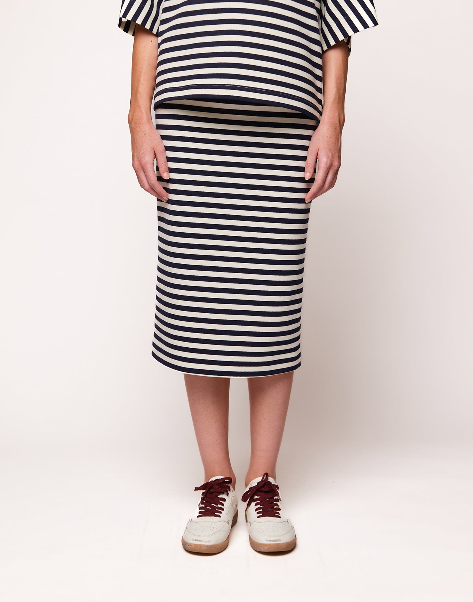 DOUUOD Gonna Longuette in Felpa Rigata Sartoriale Blu Navy/Latte