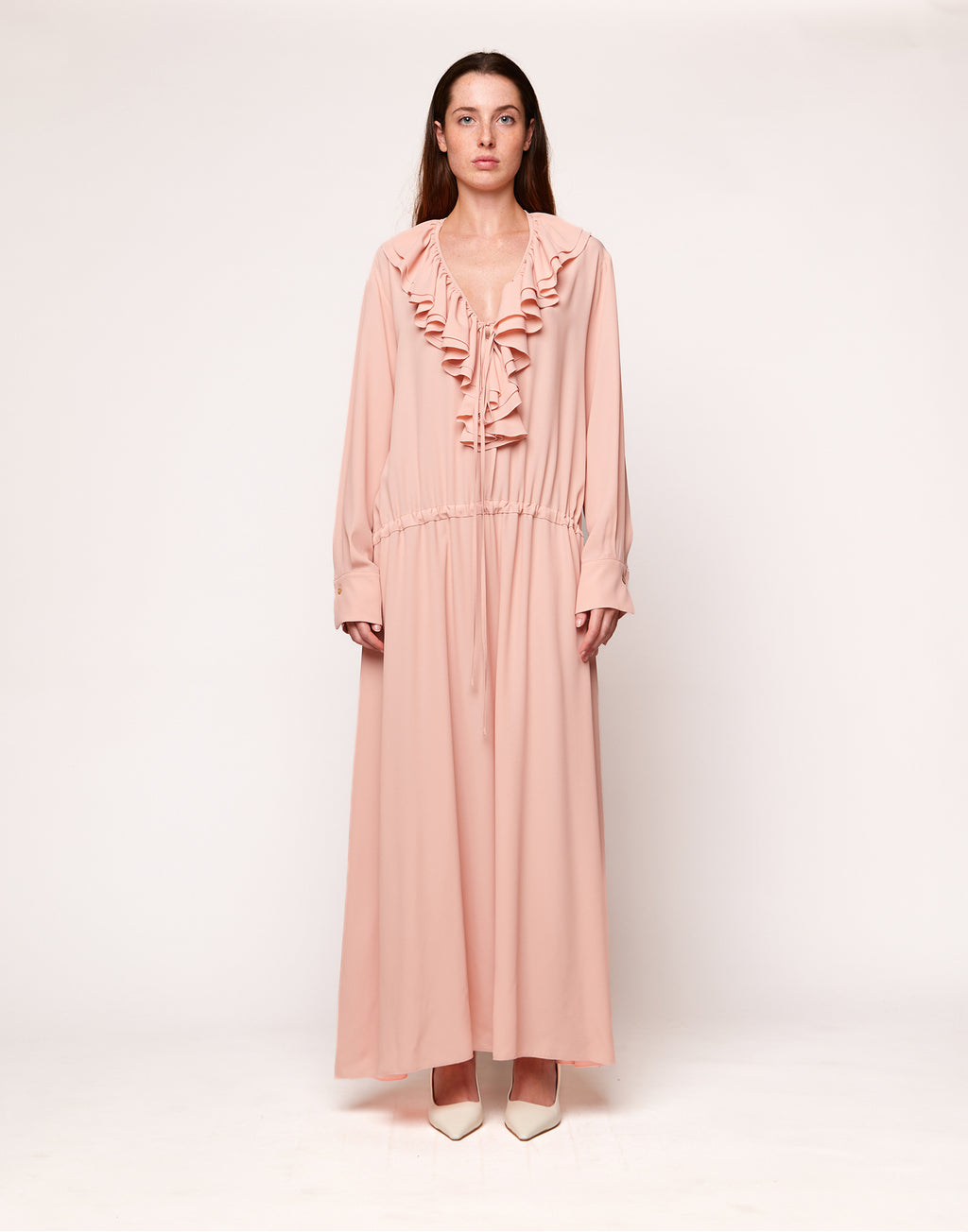 DOUUOD Abito Lungo con Rouches in Crepe de Chine Blush