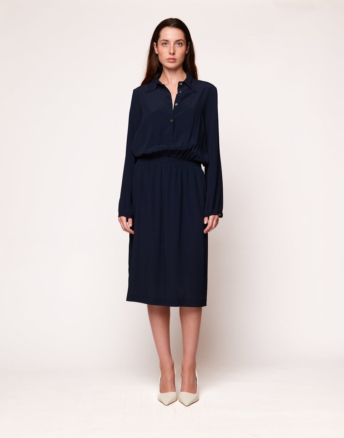 DOUUOD Abito a Camicia in Crepe de Chine Navy Blu