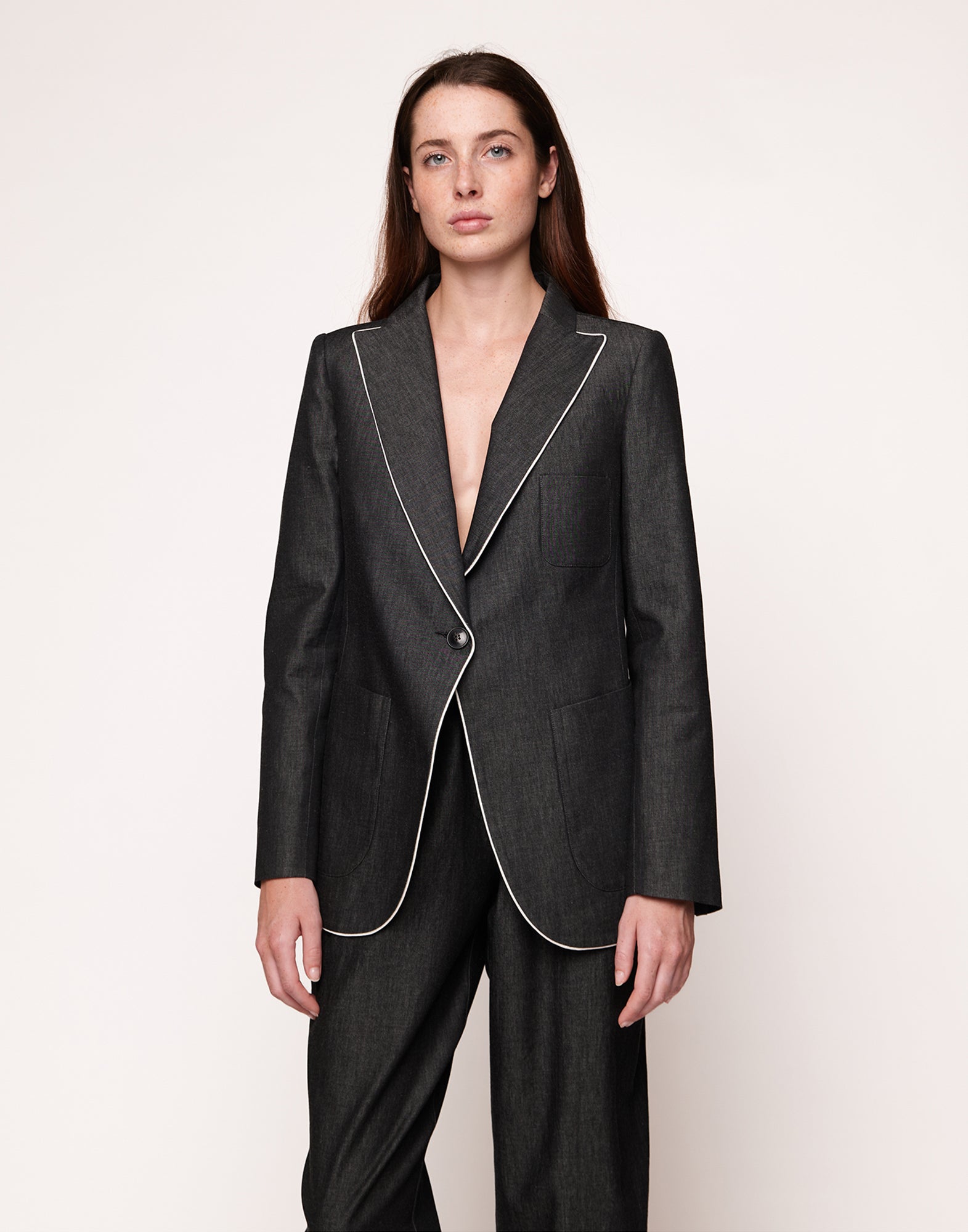 DOUUOD Giacca Monopetto con Piping in Taylored Black Denim