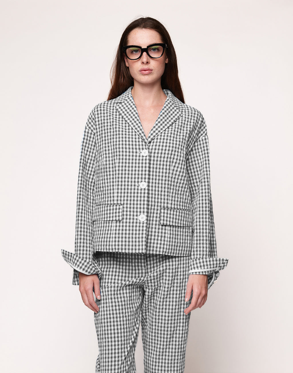 DOUUOD Giacca Destrutturata in Vichy Embossed Off White/Steel