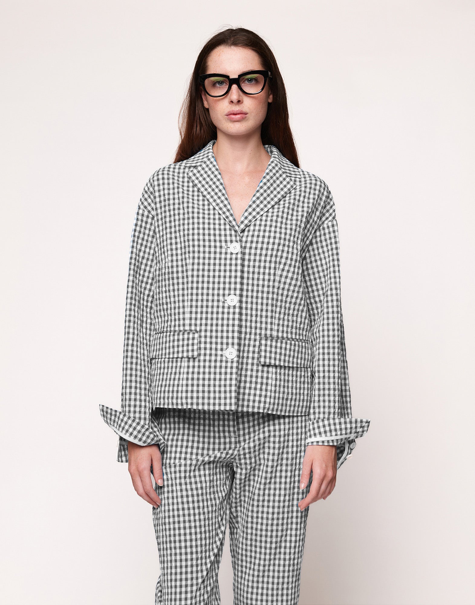 DOUUOD Giacca Destrutturata in Vichy Embossed Off White/Steel