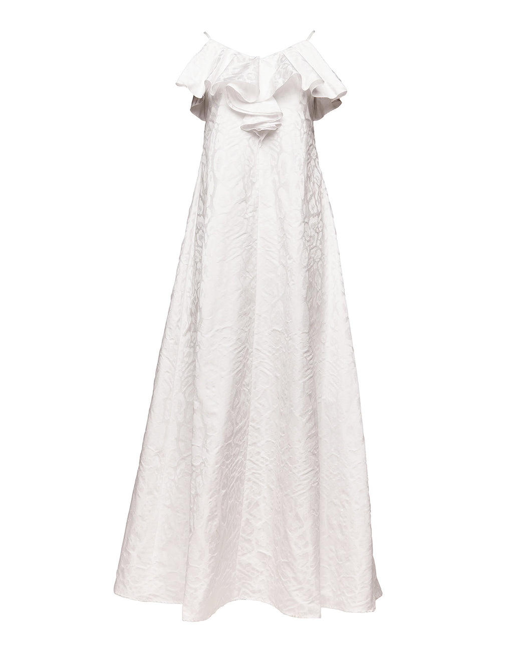 DOUUOD Abito Lungo Decollete con Rouche in Taffetas Jacquard Maculato Off White