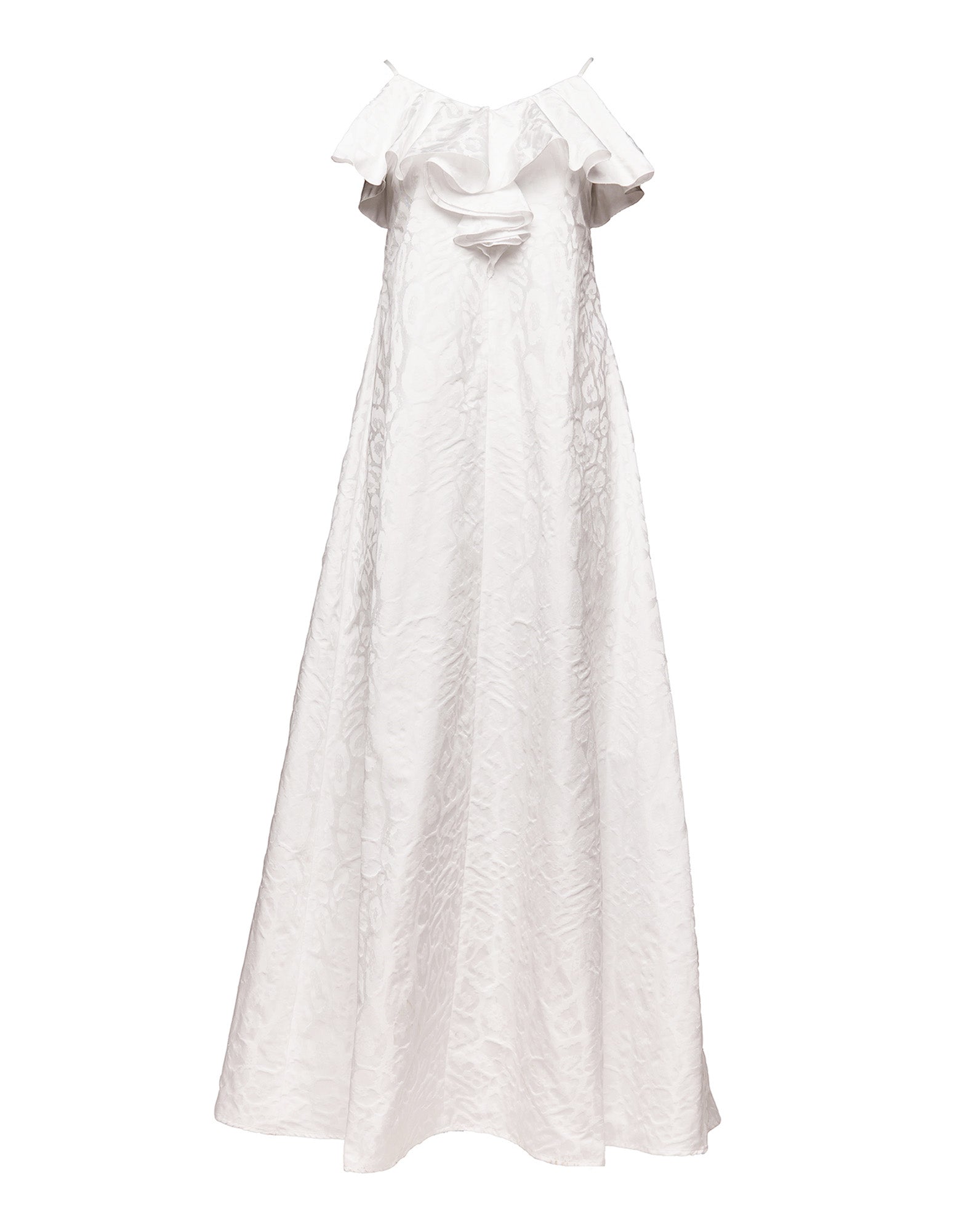 DOUUOD Abito Lungo Decollete con Rouche in Taffetas Jacquard Maculato Off White