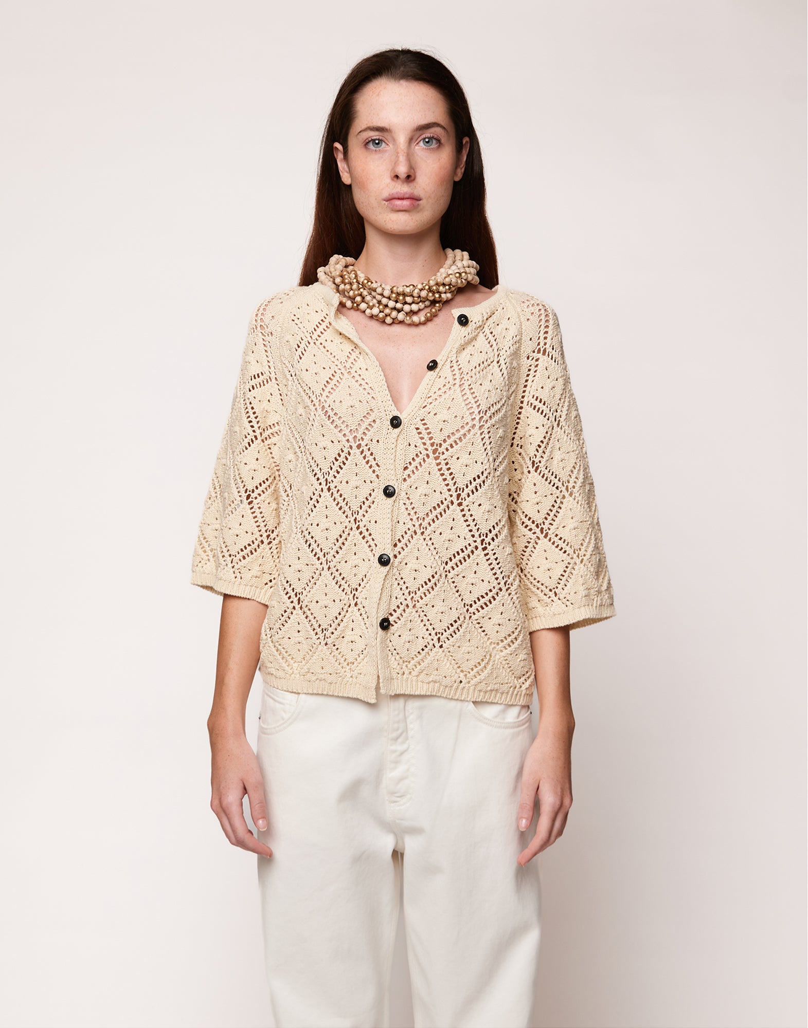 DOUUOD Cardigan in Cordonetto di Cotone Burro