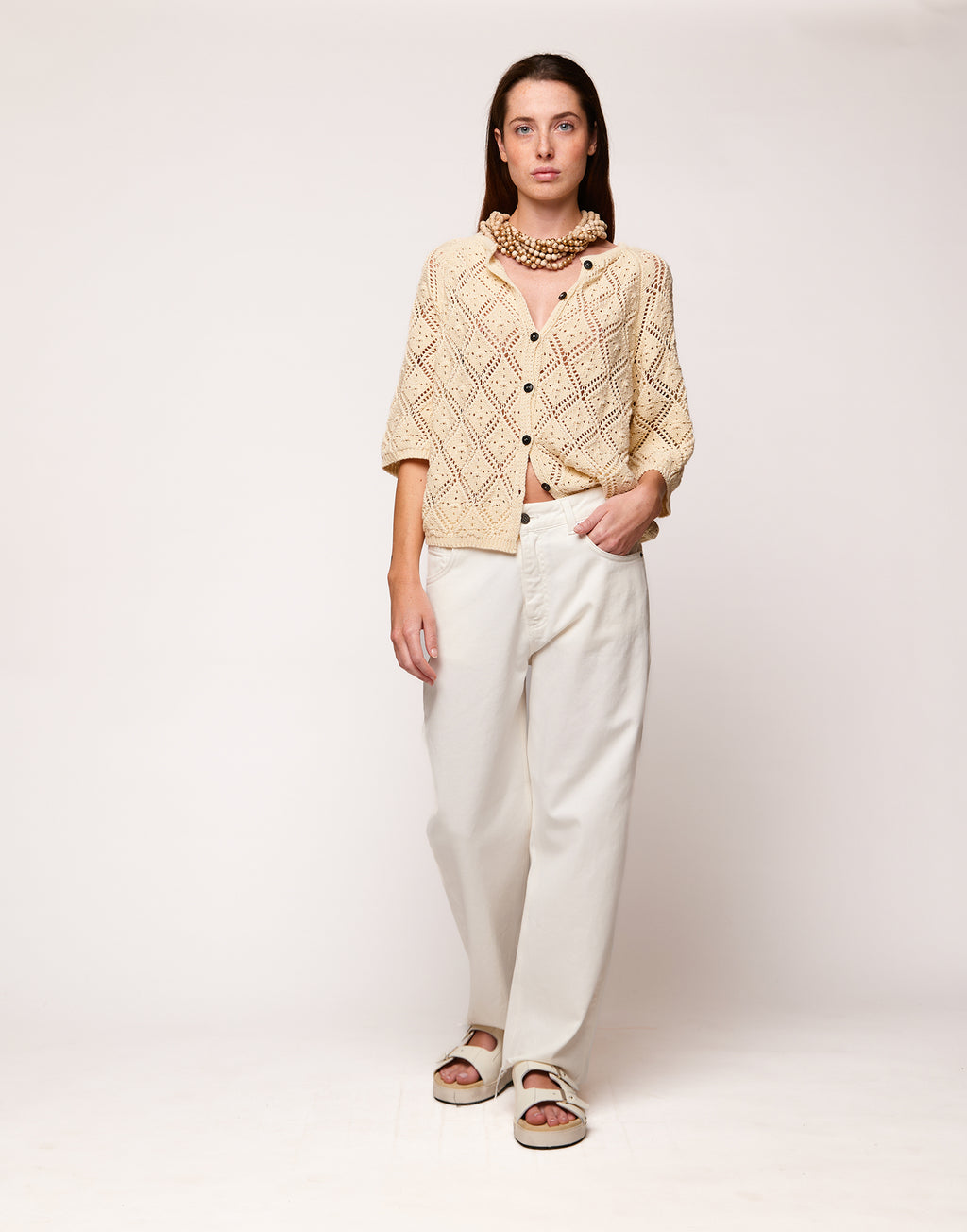 DOUUOD Cardigan in Cordonetto di Cotone Burro