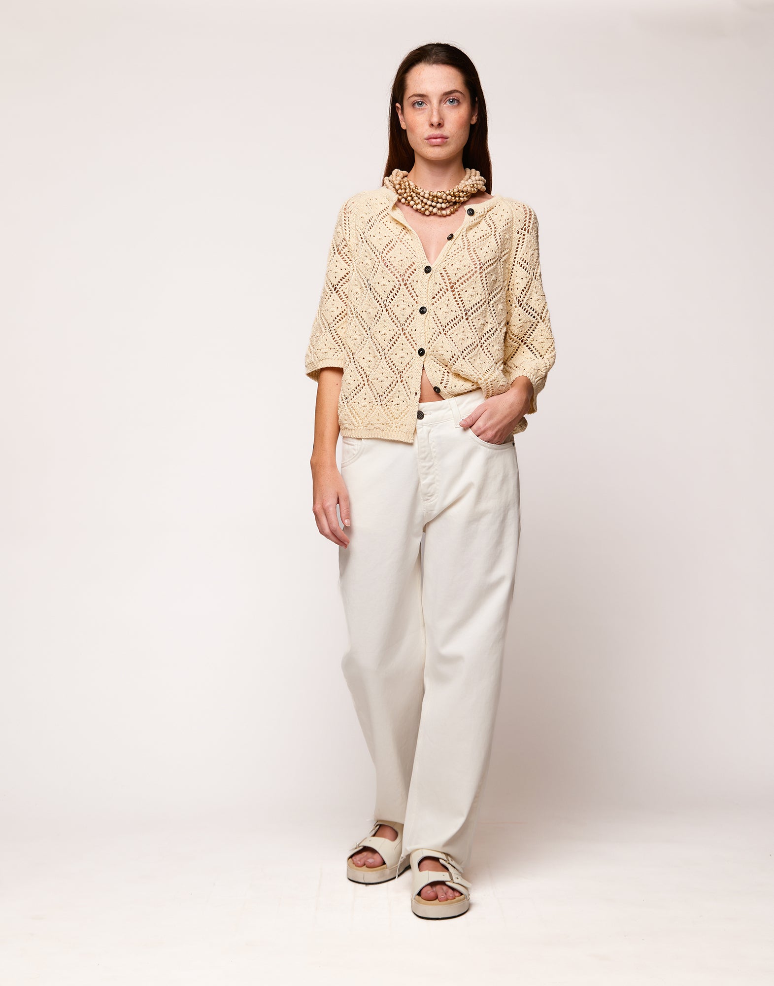 DOUUOD Cardigan in Cordonetto di Cotone Burro
