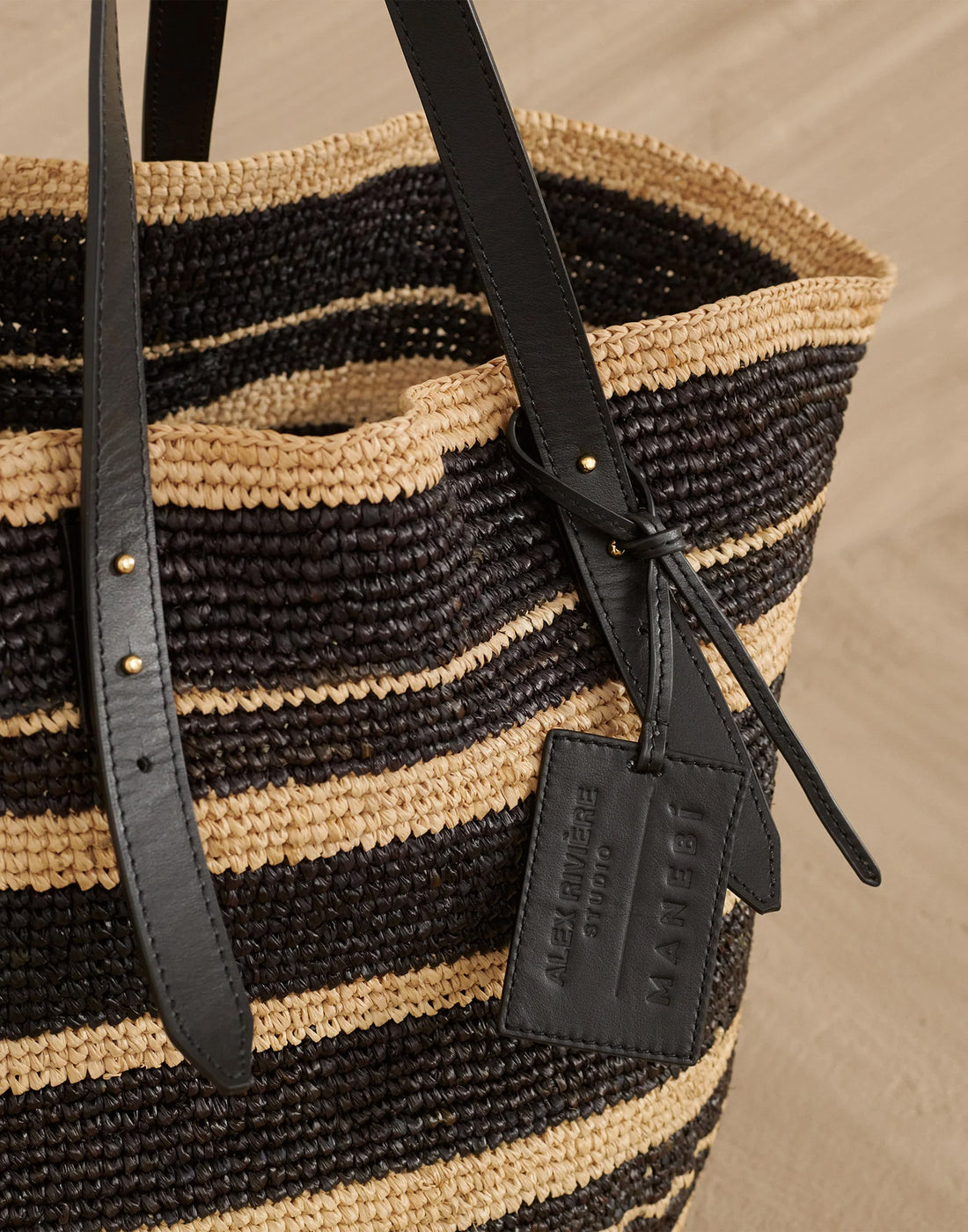 MANEBI X ALEX RIVIÈRE Borsa Bahia in Raffia con Manici e Tag in Pelle Natural/Black