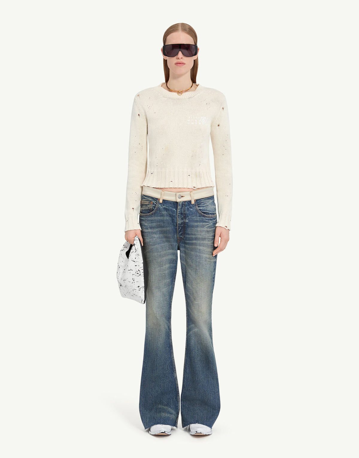 MM6 MAISON MARGIELA Maglia a Coste con Residui di Vernice Crema