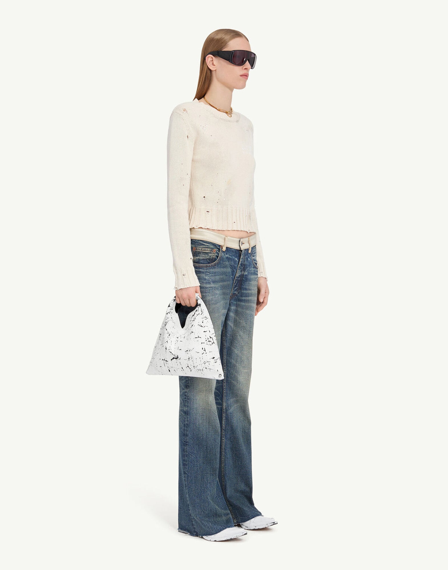 MM6 MAISON MARGIELA Maglia a Coste con Residui di Vernice Crema