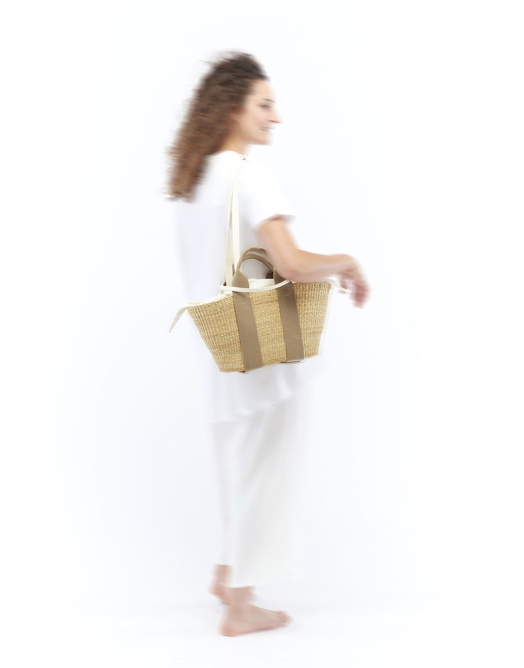 MUUN Borsa George in Paglia con Pochette in Lino Khaki