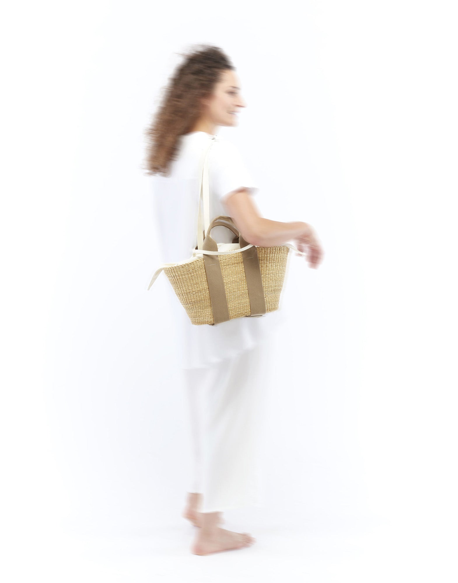 MUUN Borsa George in Paglia con Pochette in Lino Khaki