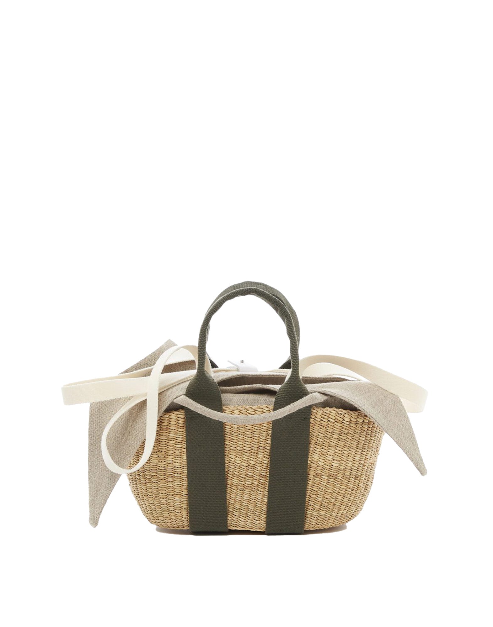MUUN Borsa Mini George in Paglia con Pochette in Lino Khaki