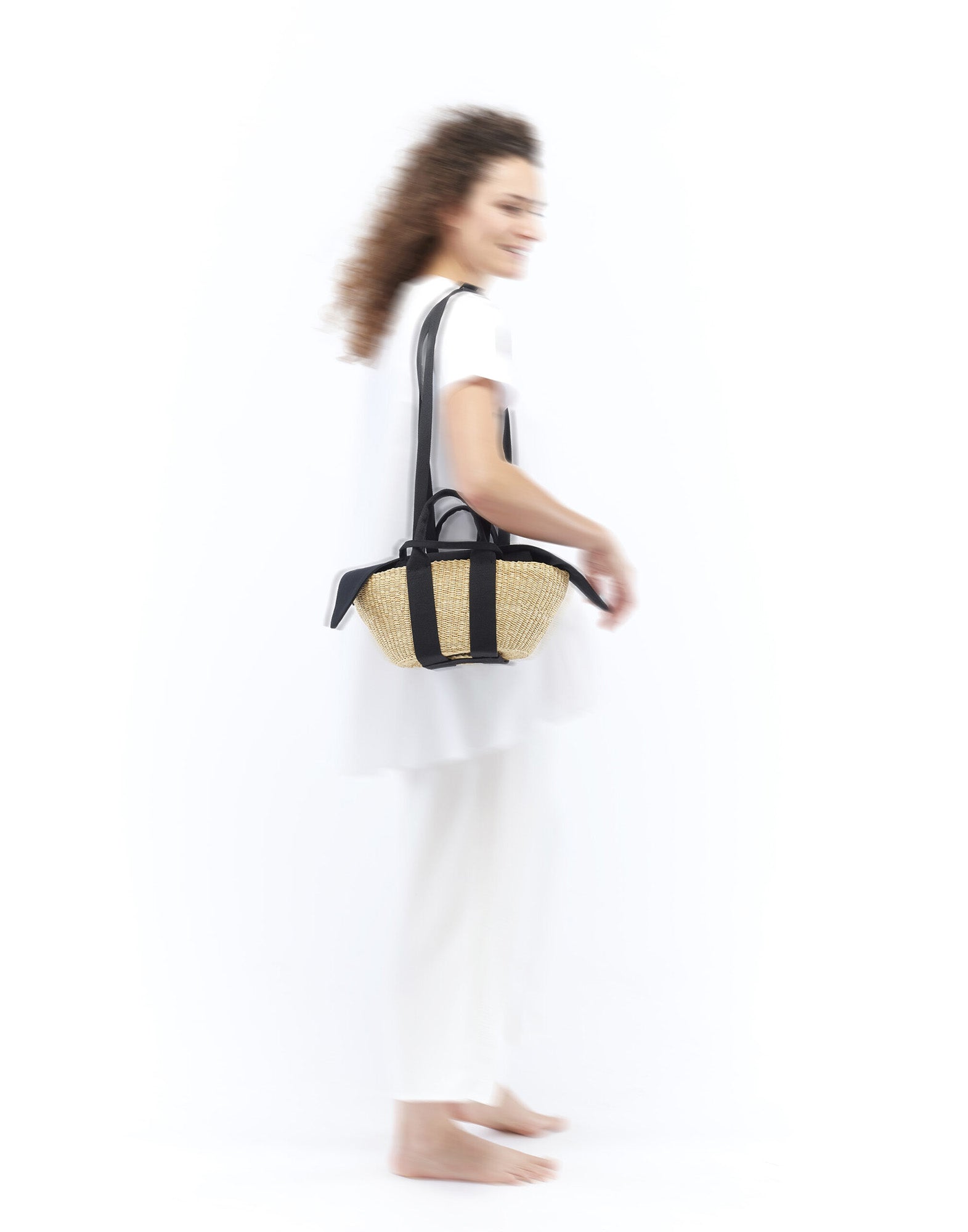 MUUN Borsa Mini George in Paglia con Pochette in Lino Khaki