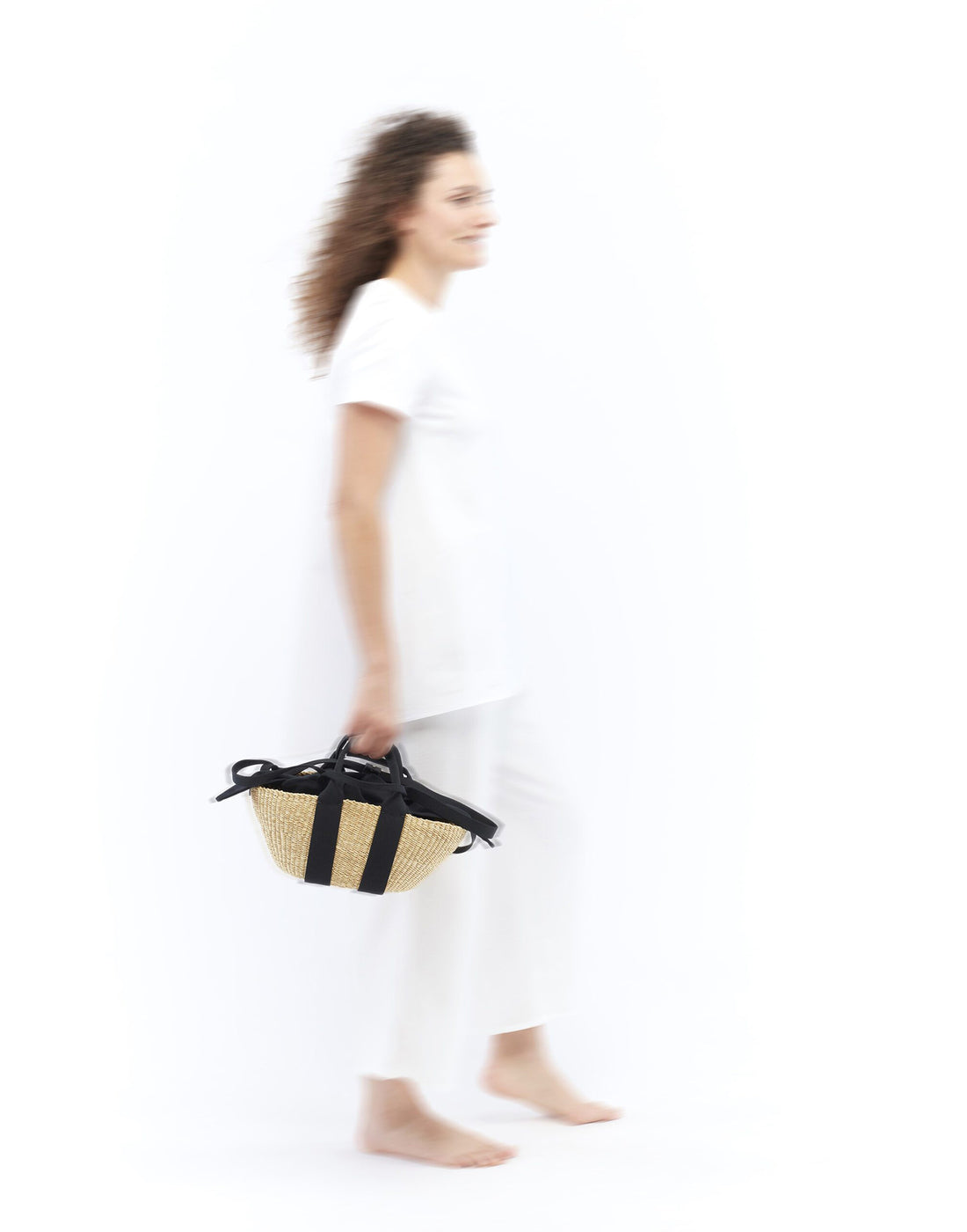 MUUN Borsa Mini George in Paglia con Pochette in Lino Khaki