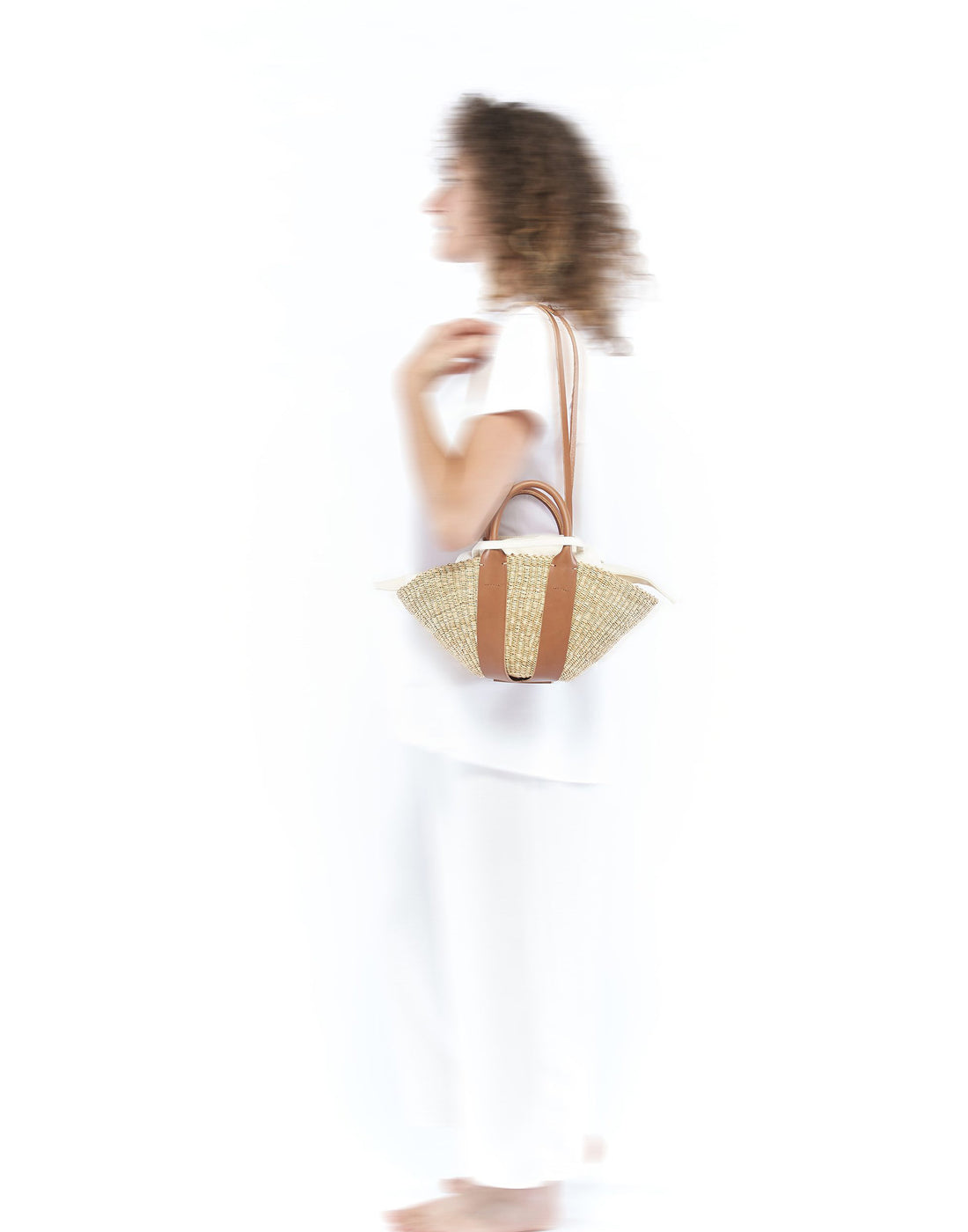 MUUN Borsa Mini Sophie in Paglia e Pelle con Pochette in Cotone