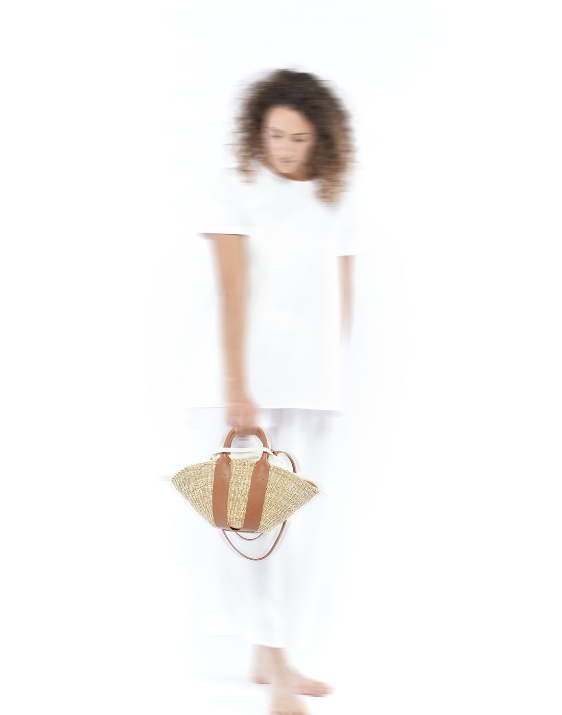 MUUN Borsa Mini Sophie in Paglia e Pelle con Pochette in Cotone