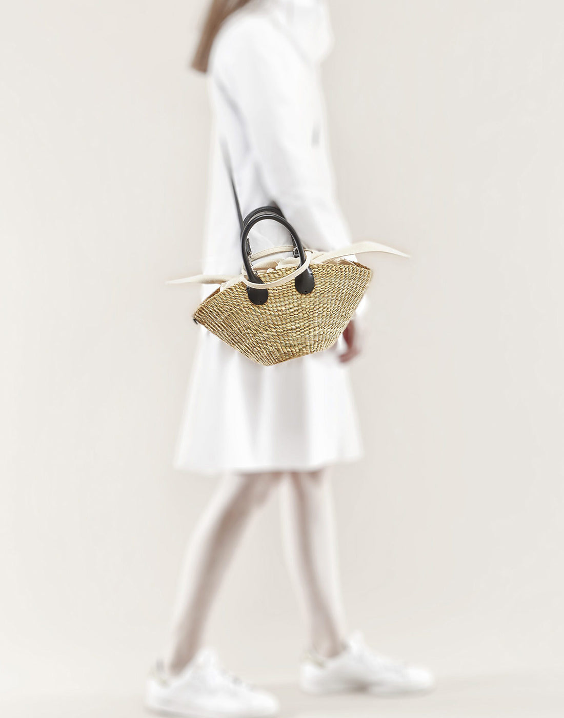 MUUN Borsa Mini Sophia in Paglia e Pelle con Pochette in Cotone